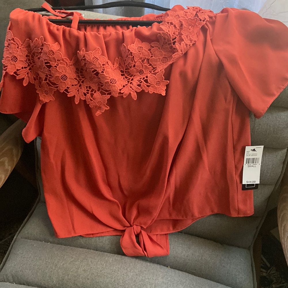 Orange off the shoulder sheer top
